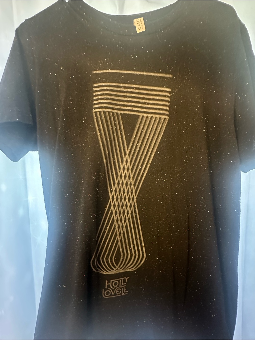 Canvas Black Short Sleeve Tee with Gold Geometric Print and Colorful “Pills”